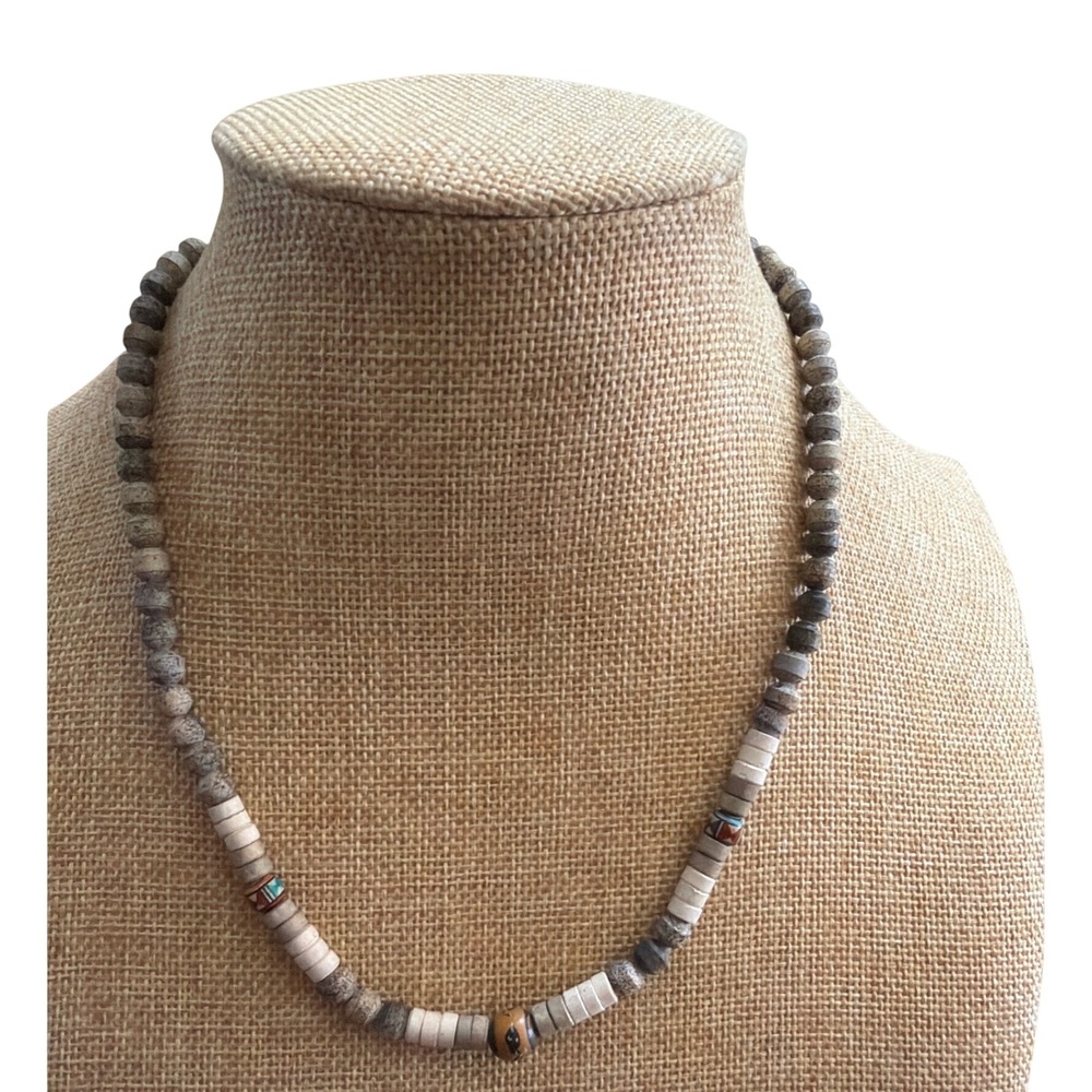 Handcrafted Earth Tone Beaded Necklace Stone Heishi Grey White Boho